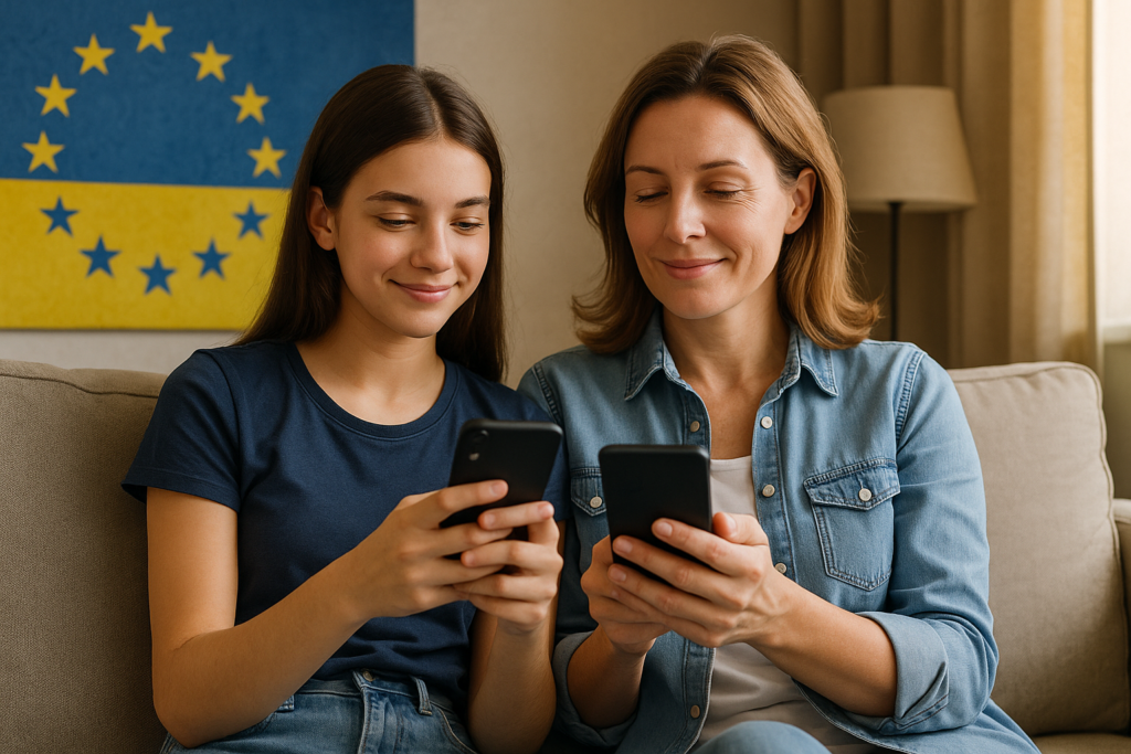 Noor naine kasutab nutitelefoni turvaliselt autos, digitaalteenuste seadus Euroopa kaitseb kasutajaid veebis, DSA regulatsioonid tagavad ohutuse